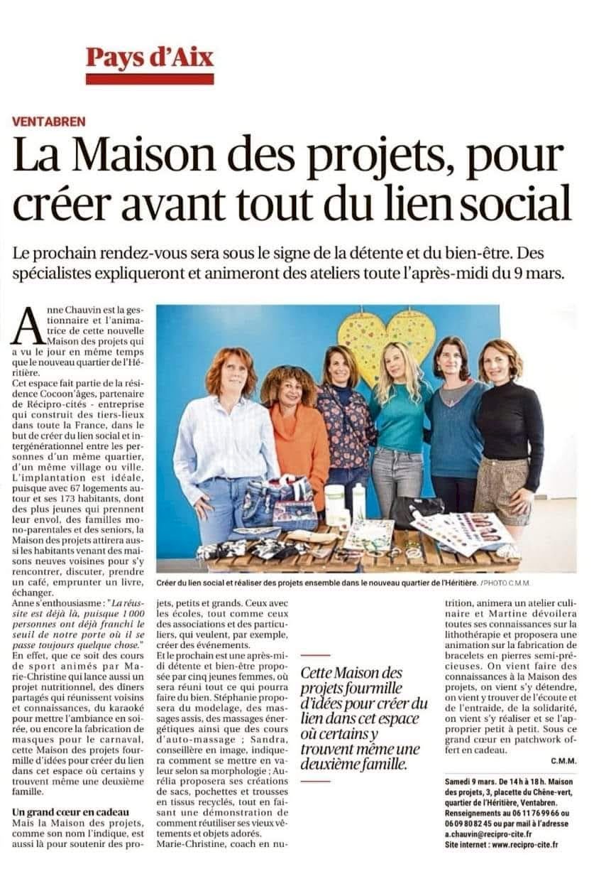 Réciprocité - media - Un article dans le journal local La Provence sur les activités de notre Maison des Projets de Ventabren 